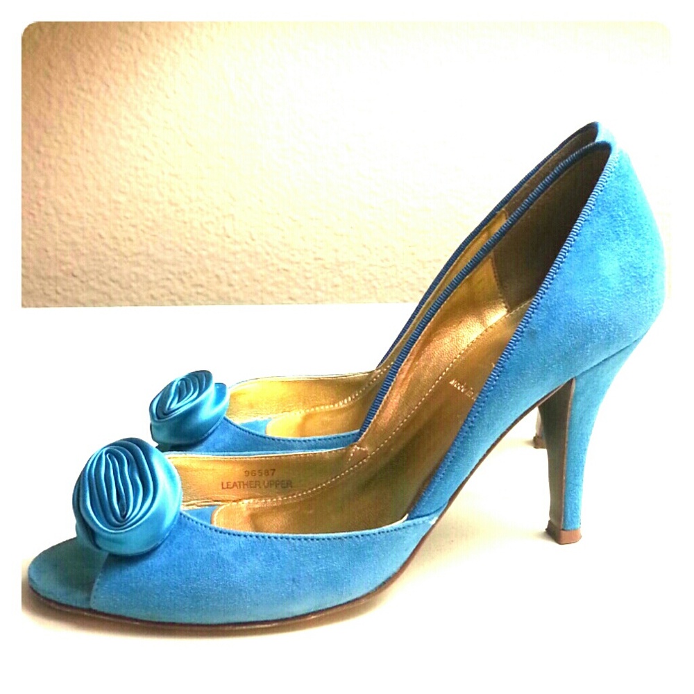 COPY - J Crew Blue Suede Peep Toe 3" Heels, Size 7.5